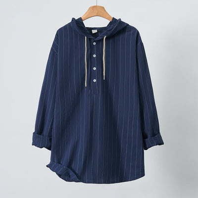 Buddha Stones Spring Casual Minimalist Drawstring Striped Men's Long Sleeve Shirts - image 10