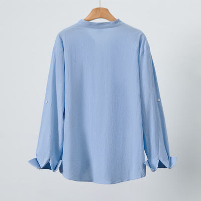 Buddha Stones Spring Fall Casual Tang Style Mandarin Collar Solid Men's Long Sleeve Shirts With Patch Pocket - image 3