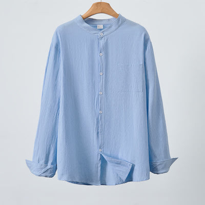 Buddha Stones Spring Fall Casual Tang Style Mandarin Collar Solid Men's Long Sleeve Shirts With Patch Pocket - image 2