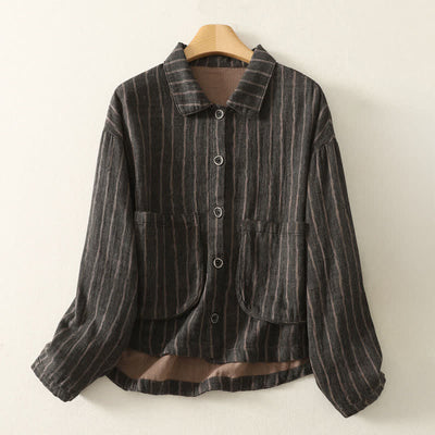Buddha Stones Fall Casual Vintage Button-Up Striped Women's Jacket With Pockets - DimGray - US4-12, UK/AU8-16, EU36-44 (F) - image 0