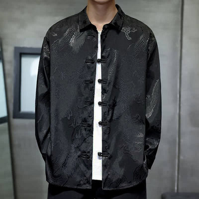 Buddha Stones Fall Tang Style Vintage Frog Button Dragon Jacquard Men's Long Sleeve Shirts - image 1