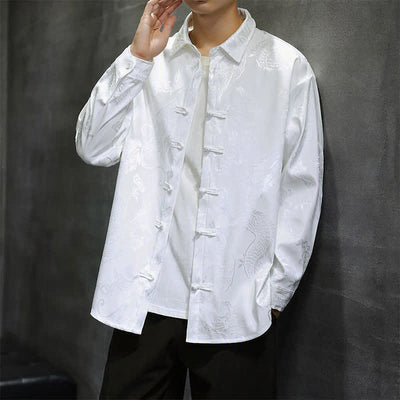 Buddha Stones Fall Tang Style Vintage Frog Button Dragon Jacquard Men's Long Sleeve Shirts - image 12