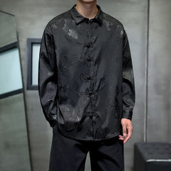 Buddha Stones Fall Tang Style Vintage Frog Button Dragon Jacquard Men's Long Sleeve Shirts - Black - US/UK/AU46, EU56 (5XL) - image 0