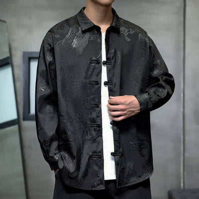 Buddha Stones Fall Tang Style Vintage Frog Button Dragon Jacquard Men's Long Sleeve Shirts - image 2