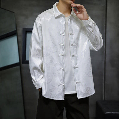 Buddha Stones Fall Tang Style Vintage Frog Button Dragon Jacquard Men's Long Sleeve Shirts - image 14