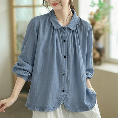 Buddha Stones Spring Fall Minimalist Simple Button-Up Solid Women's Long Sleeve Shirts - image 1