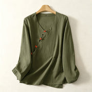 Foviel Spring Fall Minimalist Tang Style Pankou Solid Women's Long Sleeve Shirts With Patch Pocket