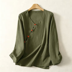 Buddha Stones Spring Fall Minimalist Tang Style Pankou Solid Women's Long Sleeve Shirts With Patch Pocket - DarkOliveGreen - US8-10, UK/AU12-14, EU40-42 (2XL) - image 0