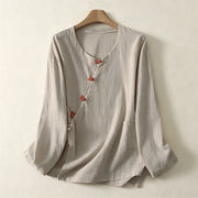 Foviel Spring Fall Minimalist Tang Style Pankou Solid Women's Long Sleeve Shirts With Patch Pocket
