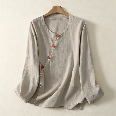 Buddha Stones Spring Fall Minimalist Tang Style Pankou Solid Women's Long Sleeve Shirts With Patch Pocket - Beige - US8-10, UK/AU12-14, EU40-42 (2XL) - image 4