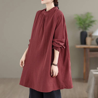 Buddha Stones Spring Fall Casual Vintage Button-Up Solid Tunic Women's Long Sleeve Shirts With Pocket - image 3