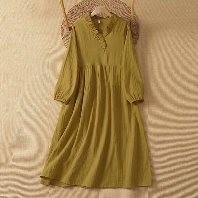 Buddha Stones Fall Vintage Boho Solid V-Neck Women's Long Sleeve Dress With Pocket - DarkKhaki - US14, UK/AU18, EU46 (2XL) - image 8