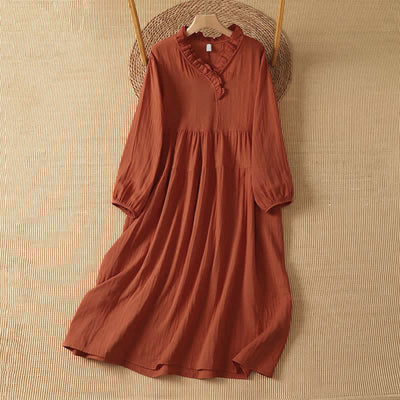 Buddha Stones Fall Vintage Boho Solid V-Neck Women's Long Sleeve Dress With Pocket - Coral - US14, UK/AU18, EU46 (2XL) - image 0
