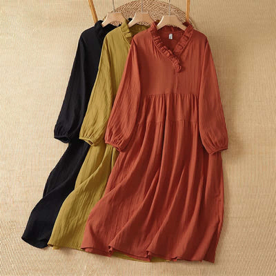 Buddha Stones Fall Vintage Boho Solid V-Neck Women's Long Sleeve Dress With Pocket - image 14