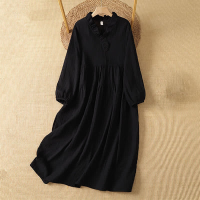 Buddha Stones Fall Vintage Boho Solid V-Neck Women's Long Sleeve Dress With Pocket - Black - US14, UK/AU18, EU46 (2XL) - image 11