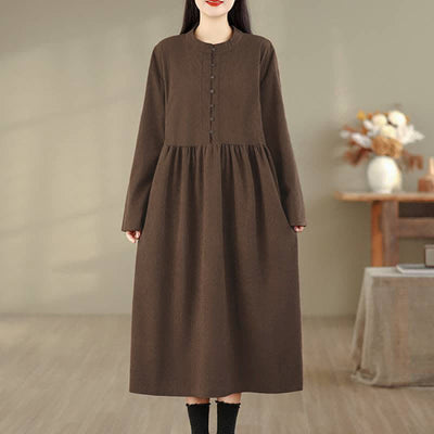 Buddha Stones Fall Casual Minimalist Button-Up Solid Crew Neck Women's Long Sleeve Dress With Pocket - image 1