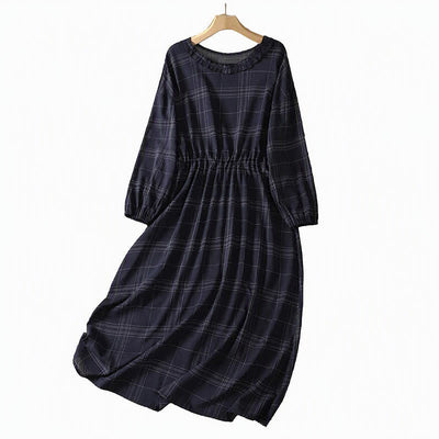 Buddha Stones Spring Fall Casual Vintage MidnightBlue Plaid Women's Long Sleeve Dress - image 2