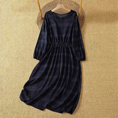 Buddha Stones Spring Fall Casual Vintage MidnightBlue Plaid Women's Long Sleeve Dress - MidnightBlue - US14, UK/AU18, EU46 (2XL) - image 0