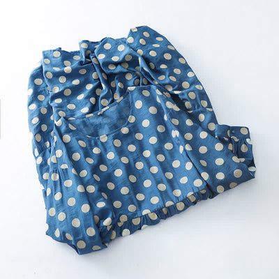 Buddha Stones Spring Casual Vintage Blue White Polka Dot Women's Long Sleeve Dress With Pockets - image 2