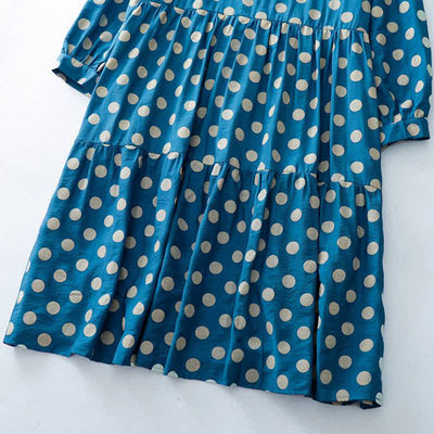Buddha Stones Spring Casual Vintage Blue White Polka Dot Women's Long Sleeve Dress With Pockets - image 11