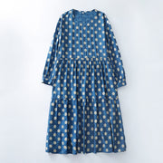 Foviel Spring Casual Vintage Blue White Polka Dot Women's Long Sleeve Dress With Pockets