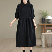 Foviel Fall Vintage Tang Style Frog Button Solid Women's Long Sleeve Dress With Pocket