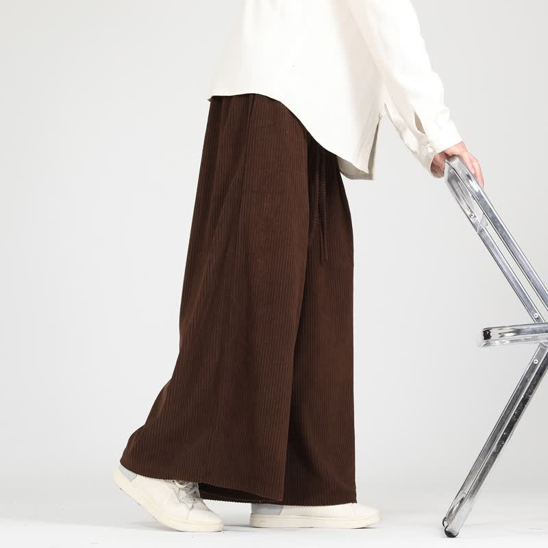 Buddha Stones Fall Winter Casual Vintage Drawstring Solid Corduroy Cropped Pants Men's Wide Leg Pants With Pockets - image 3