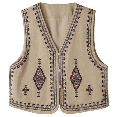 Buddha Stones Summer Boho Vintage Embroidery Geometric Tank Top Women's Sleeveless Shirts - Tan - US8-10, UK/AU12-14, EU40-42 (2XL) - image 0