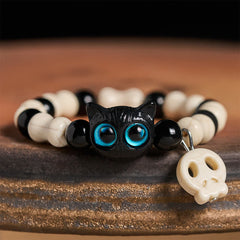 Buddha Stones Skull Black Cat Beaded Strength Bracelet - Blue-Eyed Cat - image 0