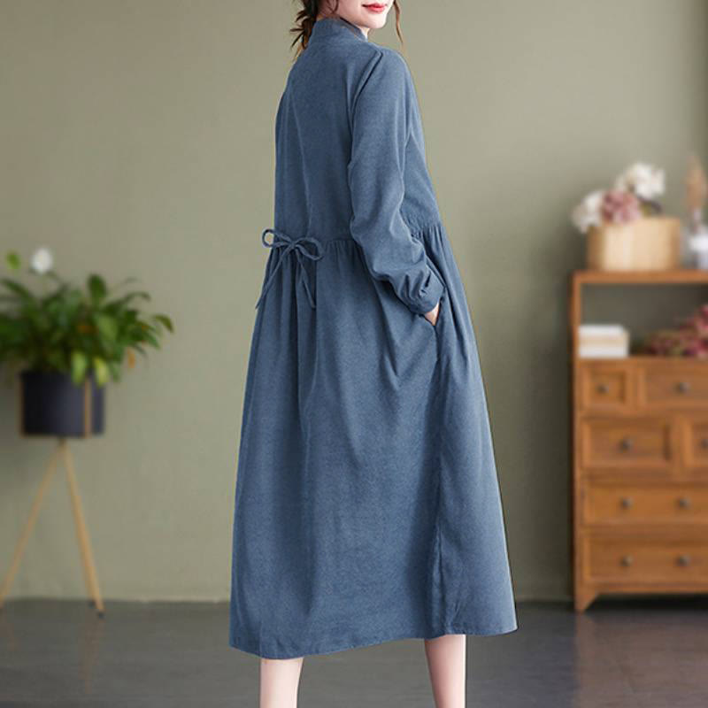 Buddha Stones Fall Winter Tang Style Vintage Mandarin Collar Solid Corduroy Women's Long Sleeve Dress With Pocket - image 2
