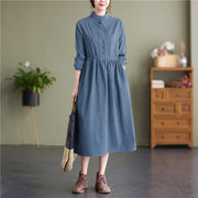 Foviel Fall Winter Tang Style Vintage Mandarin Collar Solid Corduroy Women's Long Sleeve Dress With Pocket