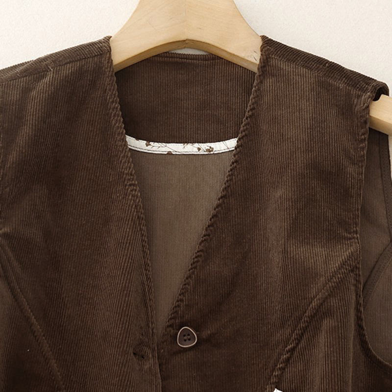 Buddha Stones Fall Winter Vintage Casual V-Neck Button-Up Solid Corduroy Tank Top Women's Vests With Pocket - image 2
