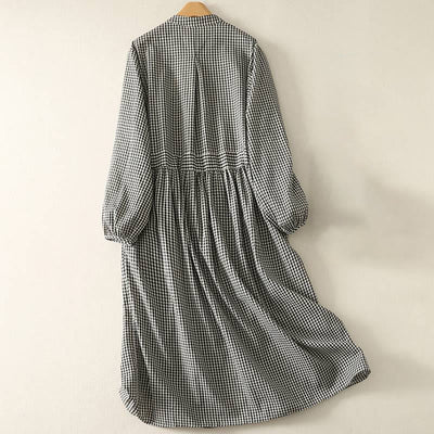 Buddha Stones Spring Fall Casual Mandarin Collar Plaid Women's Long Sleeve Dress With Pocket - image 1