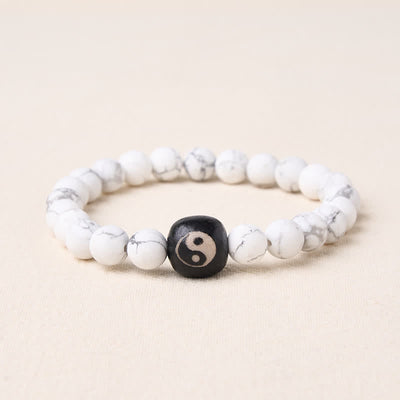 Buddha Stones Black Onyx White Turquoise Yin Yang Balance Round Bead Bracelet - White Turquoise - 5.9–6.3 in (15–16 cm) - image 1