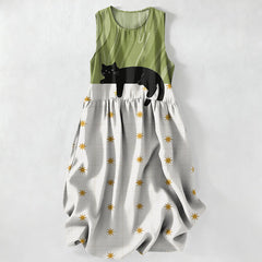 Buddha Stones Summer Casual Black Cat Stars Pattern Women's Summer Sleeveless Midi Dress With Pockets - YellowGreen - US16，UK/AU20，EU48 (3XL) - image 0
