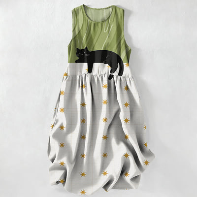Buddha Stones Summer Casual Black Cat Stars Pattern Women's Summer Sleeveless Midi Dress With Pockets - YellowGreen - US16，UK/AU20，EU48 (3XL) - image 0