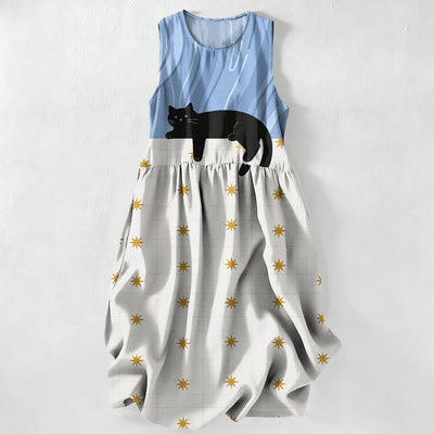 Buddha Stones Summer Casual Black Cat Stars Pattern Women's Summer Sleeveless Midi Dress With Pockets - LightSkyBlue - US16，UK/AU20，EU48 (3XL) - image 4
