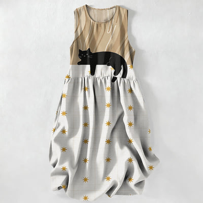 Buddha Stones Summer Casual Black Cat Stars Pattern Women's Summer Sleeveless Midi Dress With Pockets - Tan - US16，UK/AU20，EU48 (3XL) - image 5