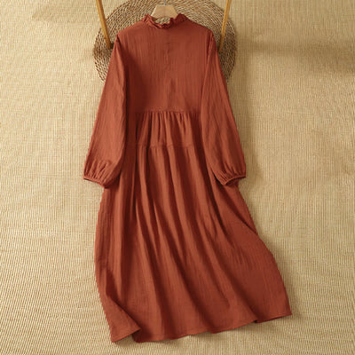 Buddha Stones Fall Vintage Boho Solid V-Neck Women's Long Sleeve Dress With Pocket - image 1