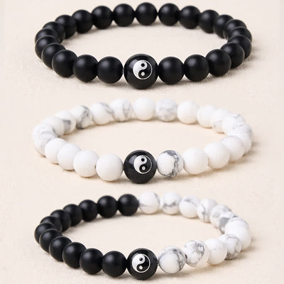 Buddha Stones Black Onyx White Turquoise Yin Yang Black Obsidian Round Bead Balance Bracelet - image 0
