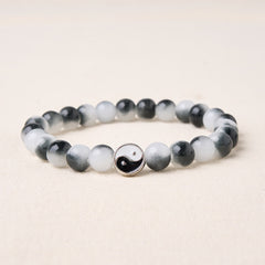Buddha Stones Alloy Flat Bead and Glass Yin Yang Two-Tone Balance Bracelet - Yin Yang (Wrist Circumference: 5.9–6.3 in/15–16 cm) - image 0