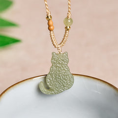 Buddha Stones Jade Cat Braided Cord Pendant Abundance Necklace - Natural Jade(Color May Vary) - image 0
