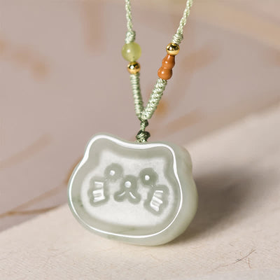 Buddha Stones Natural Jade Cat Harmony Hand-Woven Necklace - image 2