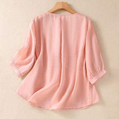 Buddha Stones Embroidered Flower Crew Neck Design Women's Half Sleeve Shirt - image 15