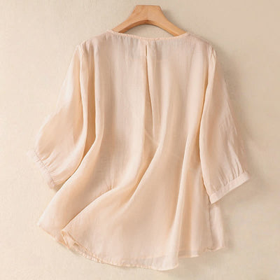 Buddha Stones Embroidered Flower Crew Neck Design Women's Half Sleeve Shirt - image 23
