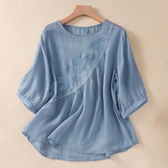 Buddha Stones Embroidered Flower Crew Neck Design Women's Half Sleeve Shirt - CornflowerBlue - US8-10，UK/AU12-14，EU40-42 (2XL) - image 0