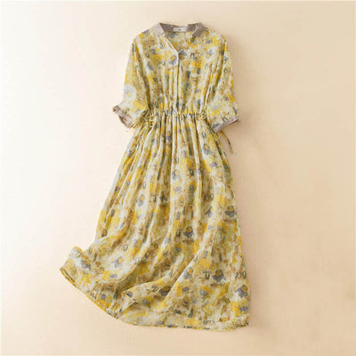 Buddha Stones Half Sleeve Color Contrast Floral Pattern Midi Dress With Pockets - Yellow - US12，UK/AU16，EU44 (3XL) - image 13