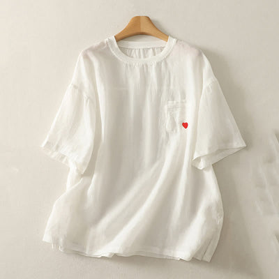 Buddha Stones Casual Embroidery Red Heart Short Sleeve Women's T-Shirt - White - US14，UK/AU18，EU46 (2XL) - image 3