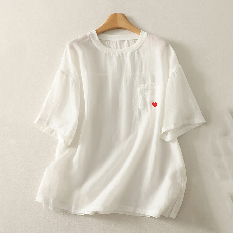 Buddha Stones Casual Embroidery Red Heart Short Sleeve Women's T-Shirt - White - US14，UK/AU18，EU46 (2XL) - image 3