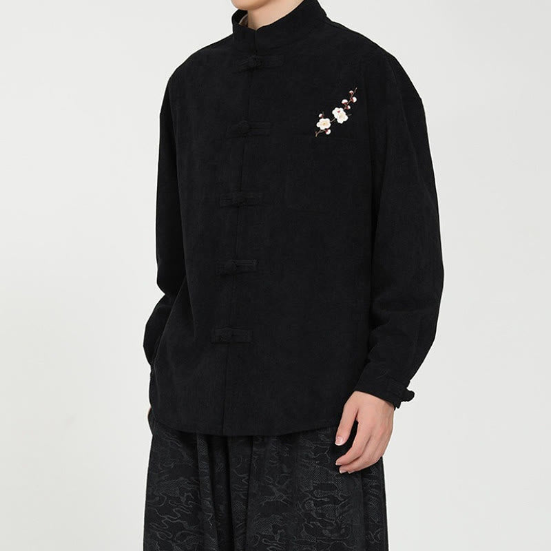 Buddha Stones Fall Winter Tang Style Vintage Frog Button Embroidery Floral Corduroy Men's Jacket With Patch Pocket - image 2